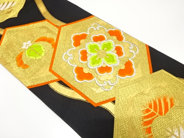 JAPANESE KIMONO / ANTIQUE FUKURO OBI / SILK / WOVEN FLORAL CREST & PAULOWNIA